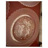 Vintage Pink Frosted Glass Cherub Floral Plates Set of 4 Scalloped