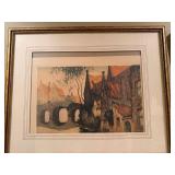 Vintage Framed Wall Art Prints Pair European Scene & Boats Decor