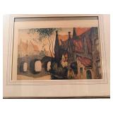 Vintage Framed Wall Art Prints Pair European Scene & Boats Decor