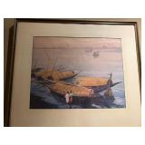 Vintage Framed Wall Art Prints Pair European Scene & Boats Decor