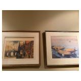 Vintage Framed Wall Art Prints Pair European Scene & Boats Decor