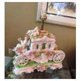 Italian Capodimonte Style Cherub Coach Table Lamp w Fringe Shade As-Is