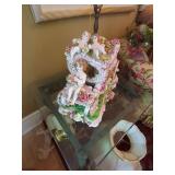 Italian Capodimonte Style Cherub Coach Table Lamp w Fringe Shade As-Is