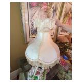 Italian Capodimonte Style Cherub Coach Table Lamp w Fringe Shade As-Is