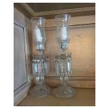 Pair Vintage Clear Glass Luster Candlesticks w Prisms Hurricane Shades