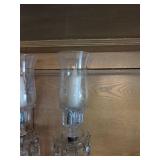 Pair Vintage Clear Glass Luster Candlesticks w Prisms Hurricane Shades