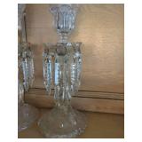 Pair Vintage Clear Glass Luster Candlesticks w Prisms Hurricane Shades