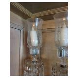 Pair Vintage Clear Glass Luster Candlesticks w Prisms Hurricane Shades
