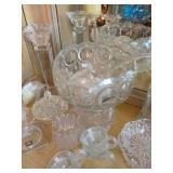 Mixed Vintage Pressed Glass & Crystal Lot Bowls Pitcher Candlesticks