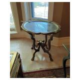 Vintage Hollywood Regency Round Glass Top Accent Table Scroll Base
