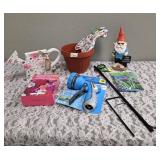 2-Pack Plastic Terra Cotta Planters, Pair of Gloves, Garden Flag and Pole, Wooden Décor Sign, Flower Seed Mixture, Water Hose Nozzle, Garden Gnome Decor.