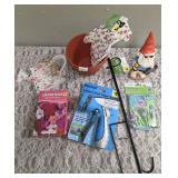 2-Pack Plastic Terra Cotta Planters, Pair of Gloves, Garden Flag and Pole, Wooden Décor Sign, Flower Seed Mixture, Water Hose Nozzle, Garden Gnome Decor.