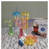 Sonic Beer Foamer, Green and Pink Margarita Glasses,  Cheers Tumbler, Smiley Face Tumbler and Bag of Reusable Ice Cubes