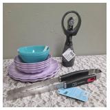 Char-Broil Stainless Steel BBQ Tongs,4- Melamine Purple Plates and 4- Melamine Purple Bowls, 1 set of 4 green plastic bowls, Misting Fan.