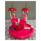2 sets of Plastic Red Plates (4 in each set) and 2 sets of Plastic Red Bowls (4 in each set). 2- Party Time Tumblers, and Ladies Slippers Size 7-8