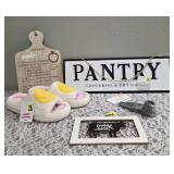 Ladies Slippers M(7-8) Garlic Press and Grinder, "Farmers Market" Cow Sign (8" x5"), Homemade Apple Pie Recipe Cutting Board (11.5" x 7.5") , Pantry Wood Sign (18.5" x 6.5")
