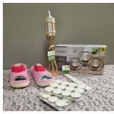 Ladies Slippers M(7-8), Metal Candle Holder, 14" Bamboo Table Porch with wicks, Citronella Tea Candles -36 count