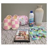 Cowgirl Print Pillow with beads inside, Ladies Slippers S(5-6). "Bugables"  Citronella Wristbands, Kids SPF50 Sunscreen, 12" Tall Ceramic Vase, Dukes of Hazard DVD -used