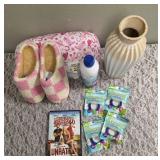 Cowgirl Print Pillow with beads inside, Ladies Slippers S(5-6). "Bugables"  Citronella Wristbands, Kids SPF50 Sunscreen, 12" Tall Ceramic Vase, Dukes of Hazard DVD -used