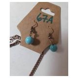 Necklace and Earrings.  Turquoise color.  Chain is 14-16" long.