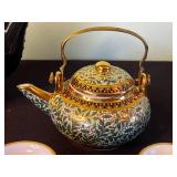 Mud Pie Turquoise Floral Porcelain Tea Set with Gold Trim - Teapots, Plate, Cups