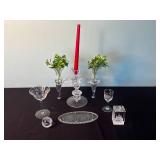 Crystal Etched Floral Three-Arm Candelabrum Centerpiece with Glass Goblets