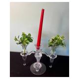 Crystal Etched Floral Three-Arm Candelabrum Centerpiece with Glass Goblets