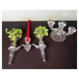 Crystal Etched Floral Three-Arm Candelabrum Centerpiece with Glass Goblets