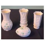 Belleek Ireland Porcelain Vases with Shamrock Motif - Set of 4
