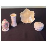 Belleek Assorted Porcelain Miniatures - Bunny in Egg Arch, Leaf Dish, Ribbed Vase & Lidded Jar