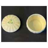 Belleek Assorted Porcelain Miniatures - Bunny in Egg Arch, Leaf Dish, Ribbed Vase & Lidded Jar