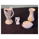 Belleek Ireland Porcelain Harp & Tall Vase with Shamrock Motifs