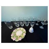 Assorted Clear Glass Stemware with Etched Leaves - Includes Russ Berrie Vase & Floral Plate