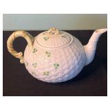 Belleek Ireland Teapot with Clover Pattern and Basket-Weave Texture
