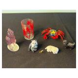 Assorted Glass Figurines & Vase - Red Etched Vase, Purple Bird, Red Crab (Lot of 6)