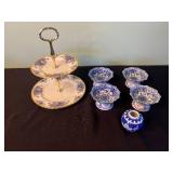 Royal Albert Moonlight Rose 2-Tier Cake Stand - Pink Rose Plates & Blue and White Pedestal Bowls