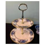 Royal Albert Moonlight Rose 2-Tier Cake Stand - Pink Rose Plates & Blue and White Pedestal Bowls