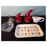 Two Rachel Ray Red Oil Dispenser Carafes with Pour Spouts, White Pitcher, Crystal Bowl & VTG Serving Tray