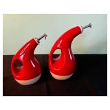 Two Rachel Ray Red Oil Dispenser Carafes with Pour Spouts, White Pitcher, Crystal Bowl & VTG Serving Tray