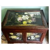 Three-Light Torchiere Floor Lamp with Frosted Glass Shades & Floral Storage Chest