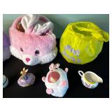 Assorted Easter Decor: Plush Bunny Bags, Decorative Eggs & Churchill Ceramics & Aynsley Creamer