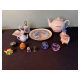 Limoges Trinket Box, Aynsley Wild Tudor Floral Figurine, Harrods Knightsbridge Teapot & Queen Portrait Plate