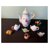 Large Tea Pot w Mini Collectible Tea Pots inc Green Jade & Russ Floral Teapot with Roses Pattern
