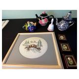 China Teapots Inc Mikasa, Ceramic Flowers, and Framed Needlepoint - Mixed Decorative