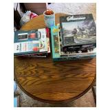 VTG Drop Leaf Table w Puzzles, Books, Office Supplies and Holder - all pieces unverified in puzzles