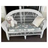 White Wicker Loveseat with Floral Cushion & Pillow - 53in Long