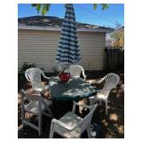 Outdoor Patio Table, 4 Plastic Unmatched Chairs, Umbrella, Base & Planters