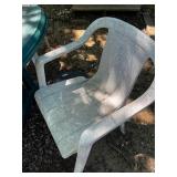 Outdoor Patio Table, 4 Plastic Unmatched Chairs, Umbrella, Base & Planters