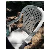 Outdoor Patio Table, 4 Plastic Unmatched Chairs, Umbrella, Base & Planters