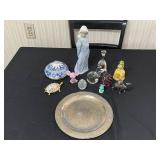 Faberge 1718 Rose Trellis Crystal Egg (no box), Capodimonte Virgin Mary Statue with Lidded Jar & Assorted Glass & Porcelain Figurines